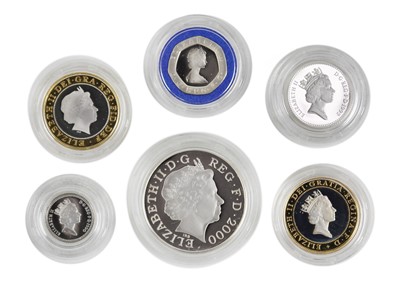 Lot 68 - GB proof Piedfort cased Royal Mint coins 5 pence, 10 pence, £2 and £5 coins (total 6 coins)