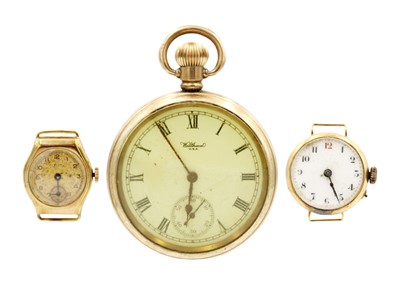 Lot 245 - Two 9ct cased lady's manual wind wristwatches and a gold-plated Waltham pocket watch.