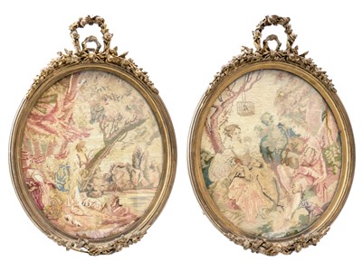 Lot 149 - A pair of 20th century embroidered panels of bucolic scenes.