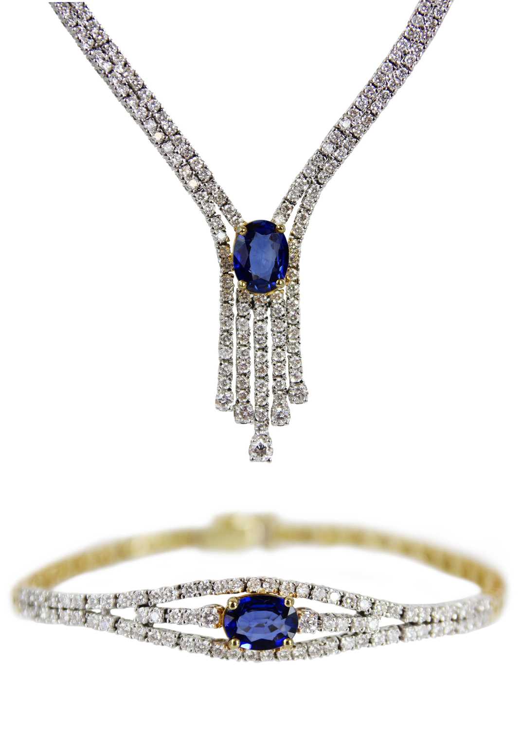 Lot 124 - Aris: An elegant diamond and sapphire necklace and bracelet suite.