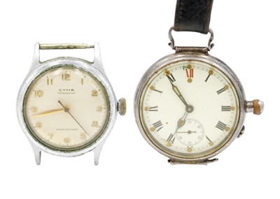 Lot 241 - A silver-cased trench wristwatch and a Cyma Watersport wristwatch.