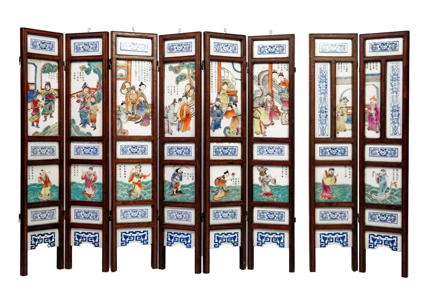 Lot 20 - A Chinese porcelain and hardwood eight paneled screen, Qing Dynasty, early 20th century.