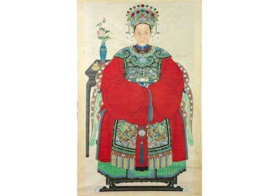 Lot 32 - A large pair of Chinese ancestor portrait scroll paintings, late 19th/early 20th century.