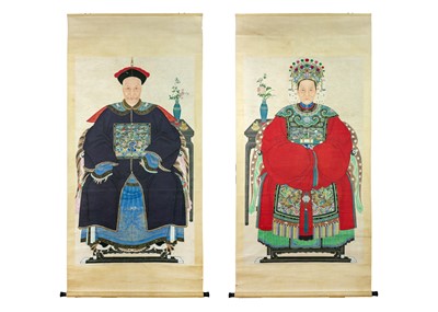 Lot 32 - A large pair of Chinese ancestor portrait scroll paintings, late 19th/early 20th century.