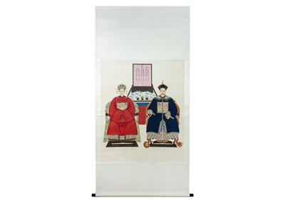 Lot 33 - A Chinese double ancestor portrait scroll painting, early 20th century.