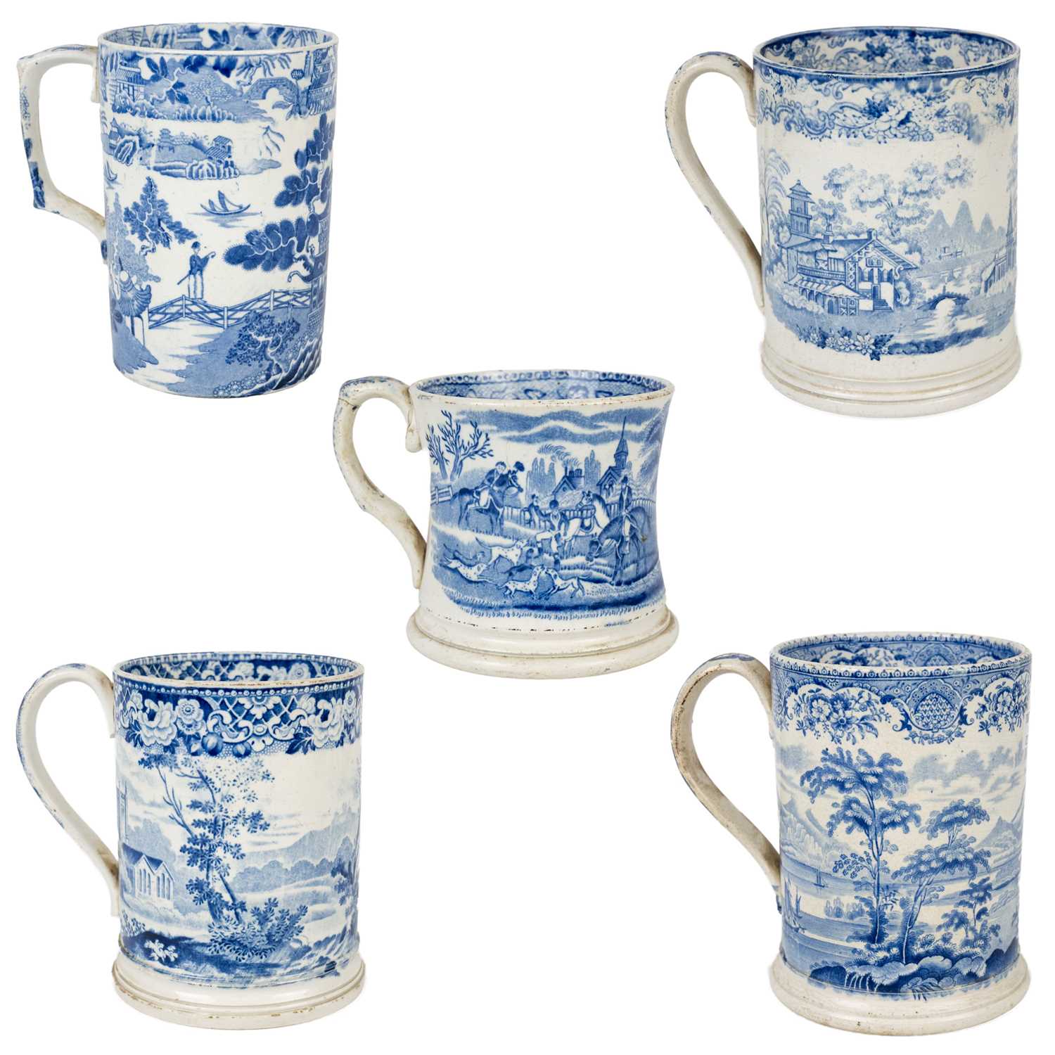 Lot 31 - Four blue and white printed porter mugs.