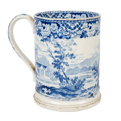 Lot 31 - Four blue and white printed porter mugs.