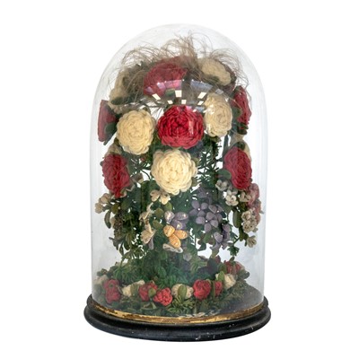 Lot 198 - A late Victorian Woolwork floral display under a glass dome.