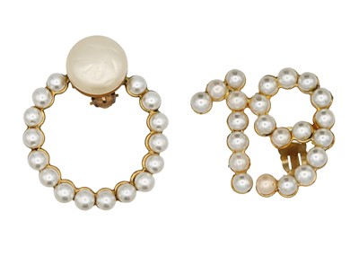 Lot 2 - A Chanel pair of faux pearl gold-plated '19' and hoop clip earrings.