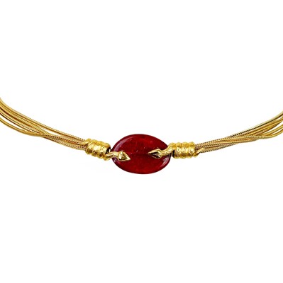 Lot 70 - A Chanel rare 1970's red Gripoix 24ct gold-plated snake five-strand necklace.