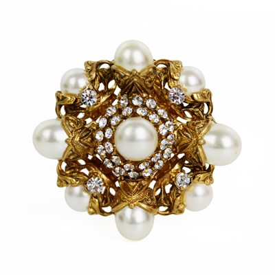 Lot 6 - A Chanel faux pearl and crystal set gold-plated Baroque brooch, circa 1950's.