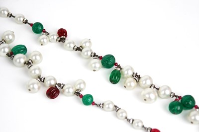 Lot 25 - A Chanel 'Opera' red and green Gripoix fluted bead, faux pearl and crystal set sautoir necklace, circa 1960's.