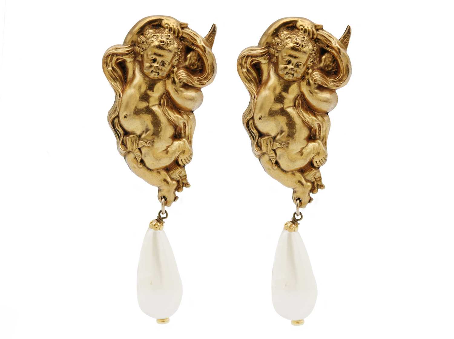 Lot 19 - A Chanel rare pair of impressive cherub and faux pearl drop clip earrings, circa 1980's.