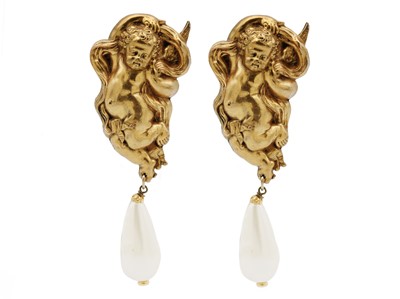 Lot 19 - A Chanel rare pair of impressive cherub and faux pearl drop clip earrings, circa 1980's.