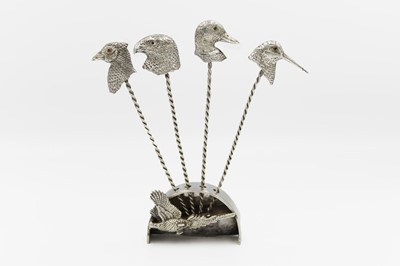 Lot 122 - A contemporary .999 fine silver set of four 'Hunting' olive picks by James Suddaby.