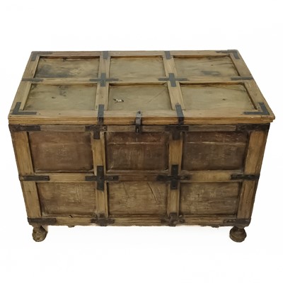 Lot 119 - A Continental iron bound panelled elm chest