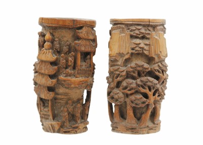 Lot 36 - A pair of Chinese carved bamboo brush pots, Qing Dynasty, 19th century.