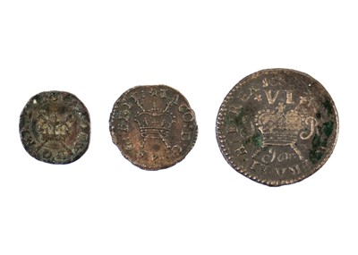 Lot 134 - Charles I farthings (x2) and James II 6d gun money