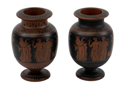 Lot 434 - Two mid Victorian terracotta classical design vases.