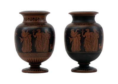 Lot 434 - Two mid Victorian terracotta classical design vases.