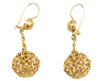 Lot 49 - An 18ct Italian pair of pierced spherical pendant earrings.