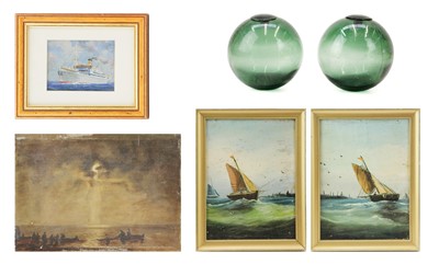 Lot 332 - A pair of naive oil paintings of fishing boats.