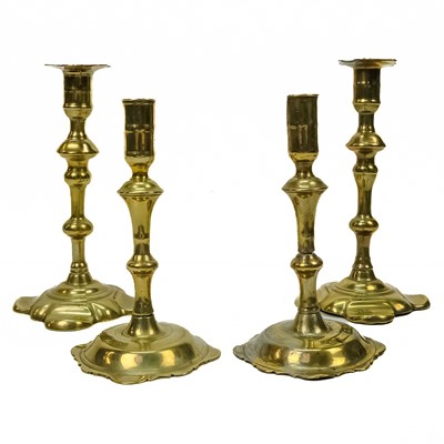 Lot 228 - A pair of 18th century brass candlesticks by I Ward & Son.