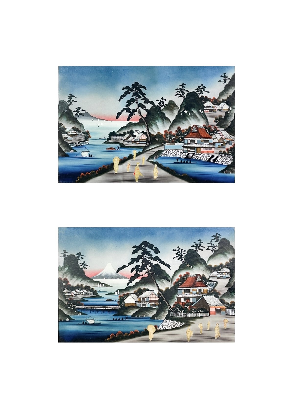 Lot 1066 - A pair of Japanese reverse glass paintings,