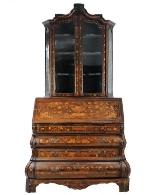 Lot 1013 - A Dutch walnut marquetry bureau bookcase.