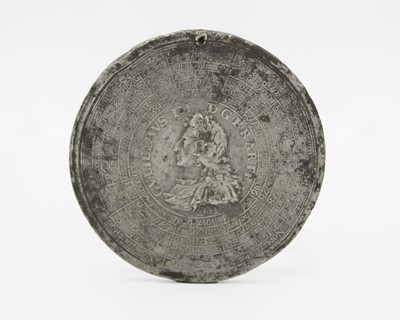 Lot 173 - A William III cast metal medallion with a calendar of English Kings.