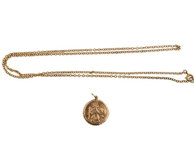 Lot 21 - A 9ct rose gold St. Christopher pendant on trace link chain.