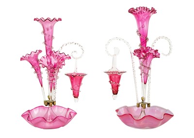 Lot 413 - A Victorian cranberry glass part epergne.