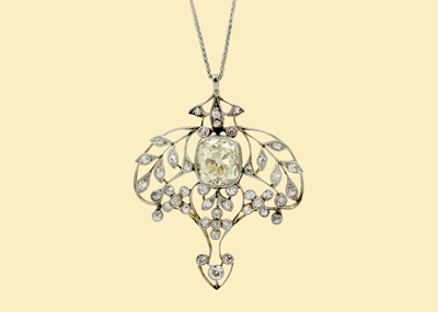 Lot 75 - An exquisite  Belle Époque diamond pendant with certified Old Mine cut 3.97ct light yellow diamond.