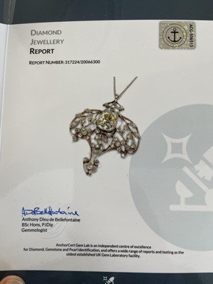 Lot 75 - An exquisite  Belle Époque diamond pendant with certified Old Mine cut 3.97ct light yellow diamond.