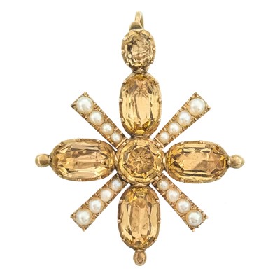Lot 110 - A Georgian gold foil back topaz and split pearl cross pendant brooch.