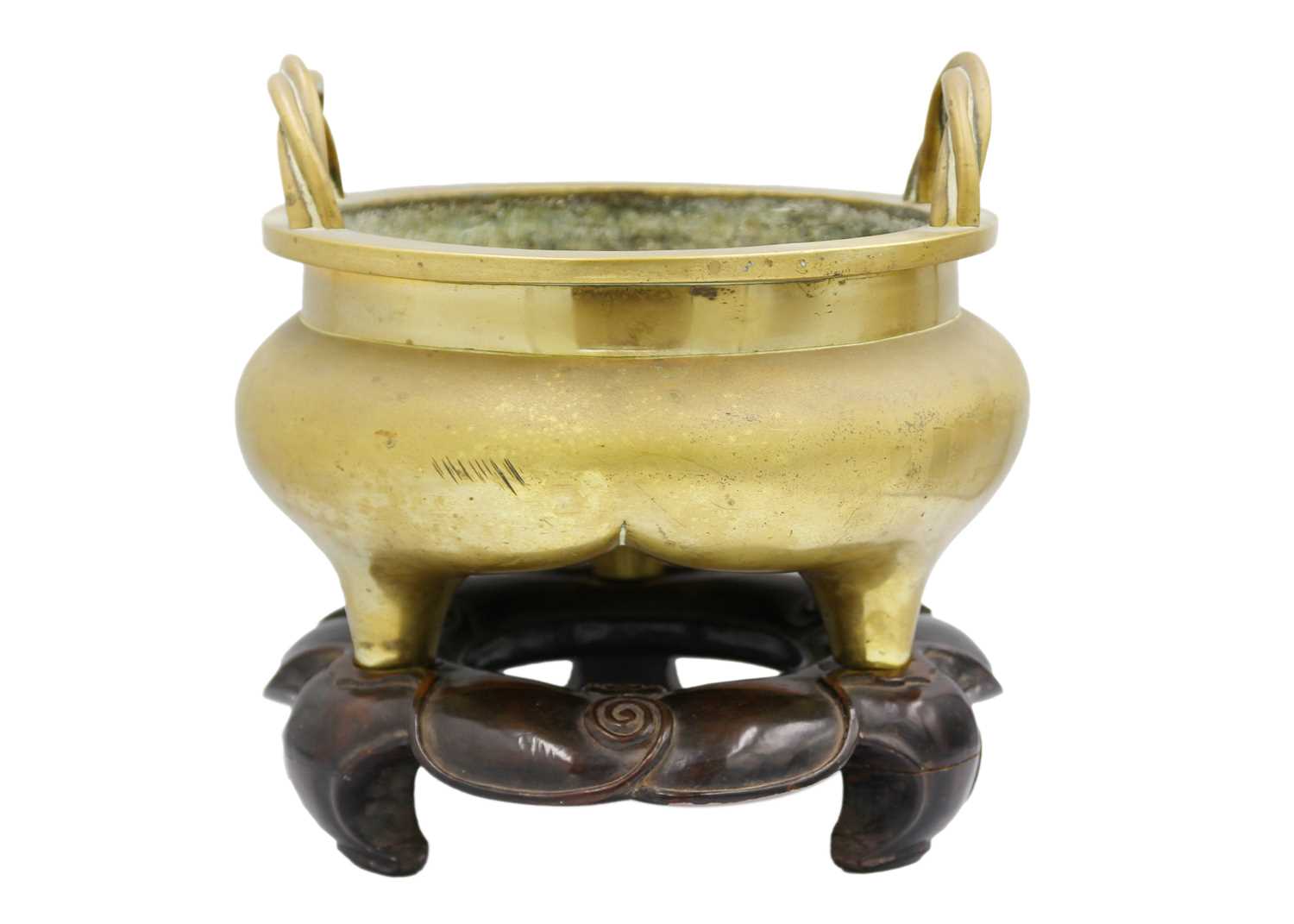 Lot 66 - A large Chinese bronze twin-handled tripod censer on stand, Qing Dynasty.