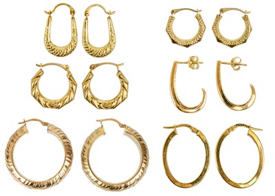 Lot 87 - Six 9ct pairs of hoop earrings.