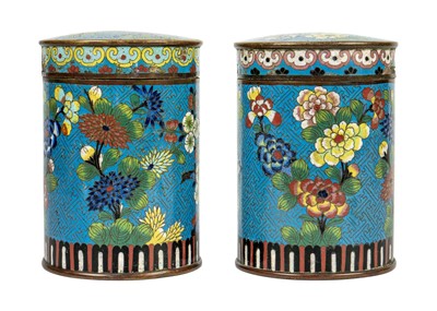 Lot 58 - A pair of Chinese cloisonne cylindrical jars and covers, early 19th century.