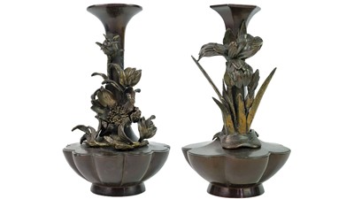 Lot 74 - A pair of Japanese bronze bud vases, Meiji period.