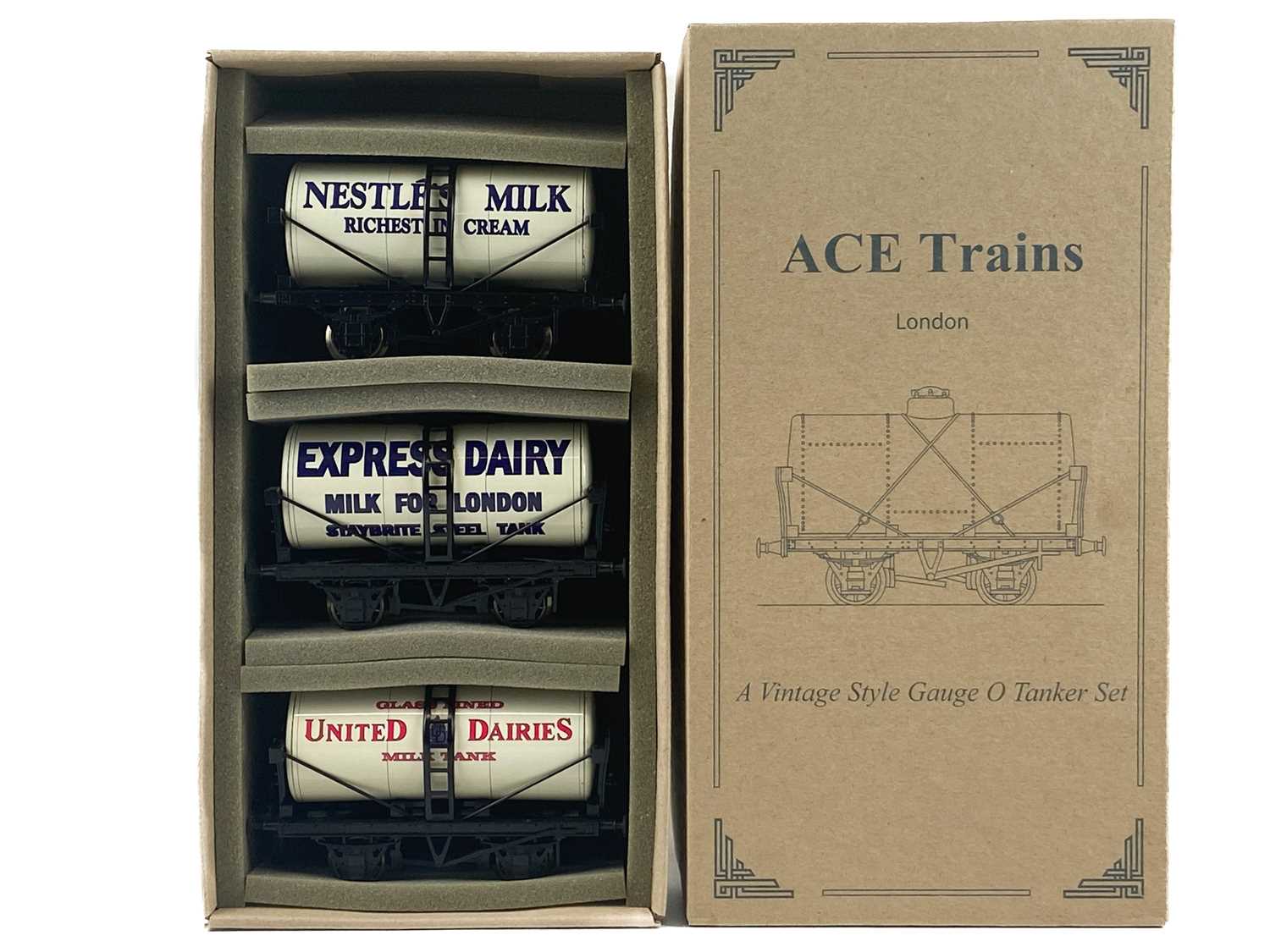 Lot 613 - O Gauge Ace Trains - Three Wagon Milk Tanker boxed set