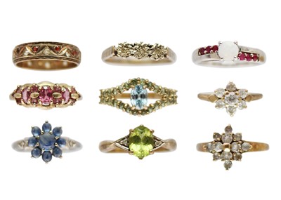 Lot 150 - A selection of nine 9ct gem set rings.