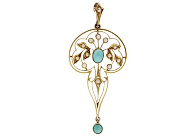 Lot 153 - A 15ct Edwardian Art Nouveau turquoise and split pearl set pendant.