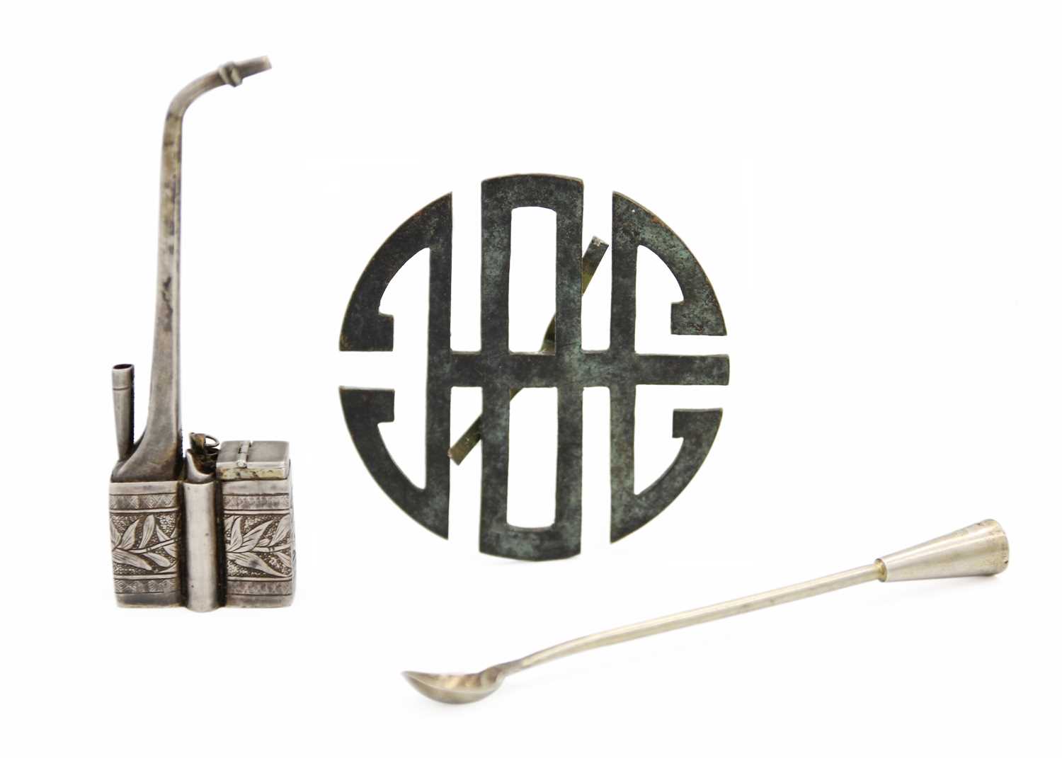 Lot 334 - A Chinese white metal opium pipe, signed, circa 1900.
