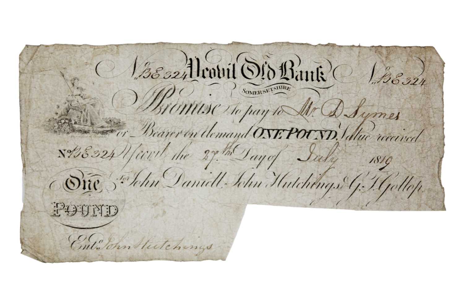 Lot 183 - Yeovil Old Bank one pound note 1819