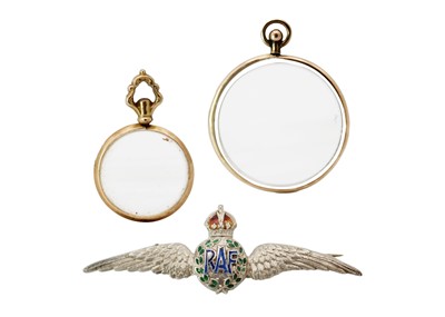 Lot 170 - Two 9ct gold framed glass set photograph pendants and a silver RAF sweetheart brooch.