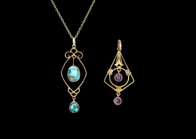 Lot 206 - Two 9ct Edwardian stone set pendants.