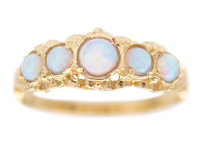 Lot 172 - A 9k Victorian style opal set five-stone ring.