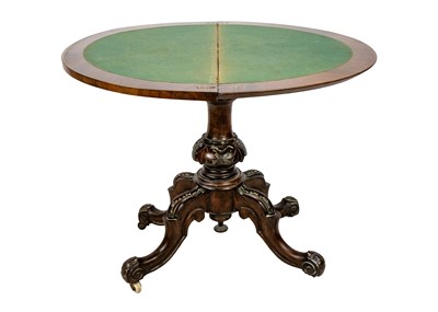 Lot 598 - A Victorian burr walnut half round fold top card table.