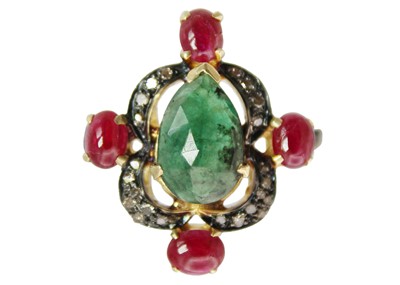 Lot 178 - An antique-style rose cut pear shaped emerald, ruby and diamond set ring.