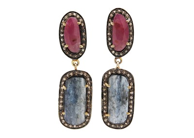 Lot 179 - A silver-gilt pair of rose-cut red and blue sapphire articulated drop earrings.